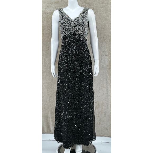 Scala Dress Womens Large Black Silver Allover Beaded‎ Gown Silk Wedding Elegant - Picture 1 of 16